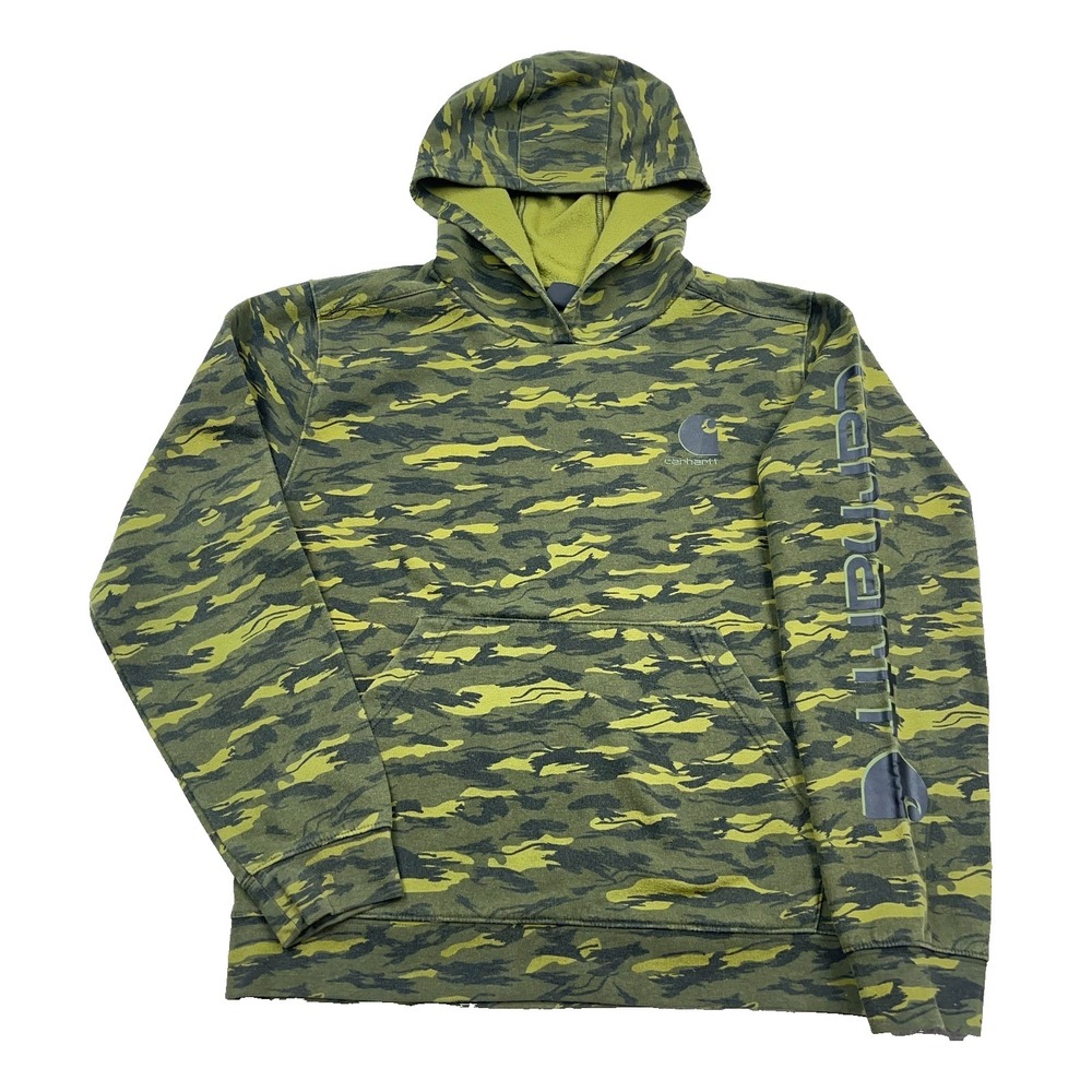 Carhartt Hoodie Youth Boys XL Green Camo Sweatshirt Spellout Pullover‎ Workwear